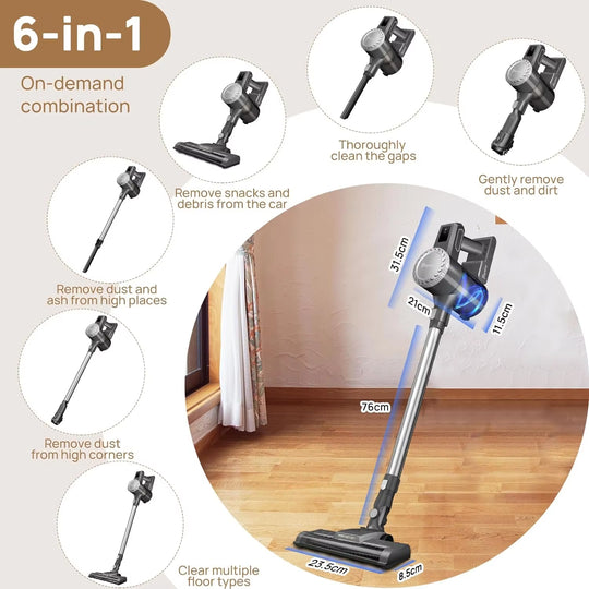 Cordless Stick Handheld Vacuum Cleaner,15000Pa 6 in 1 with LED Light+2 HEPA Filters+2000Mah 6-Cells Battery,Pet,Crevice