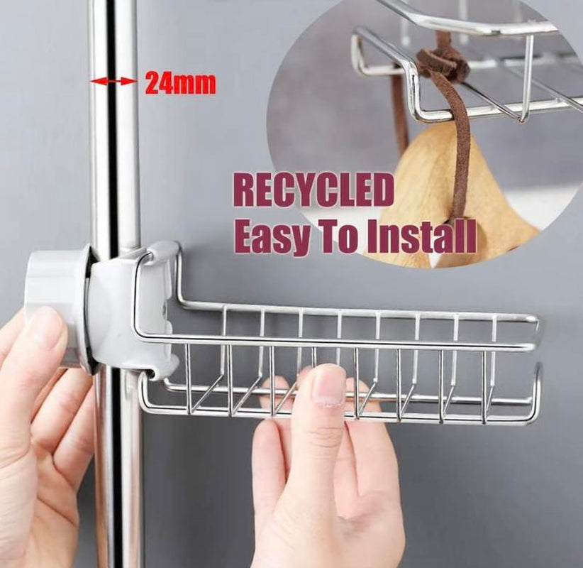 Upgraded Double-Sided Kitchen Sink Storage Rack, Sponge Rack above Faucet, Stainless Steel Heavy Duty Thick Hanging Faucet Drain Rack for Scrubber, Soap, Bathroom, Removable, No Suction Cup or Magnet