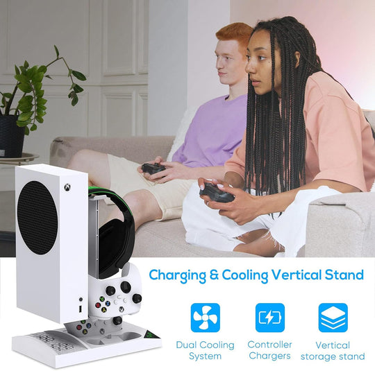 Charger Stand Cooling Fan for Xbox Series S Console & Controller,Vertical Dual Cooler System Charging Dock Accessories with 2 X 1400Mah Rechargeable Battery & Cover,Earphone Bracket for Xbox Series S