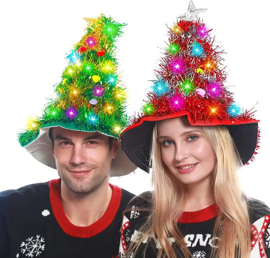 Hats Tree Santa Hat with Tinsel LED Colorful Lights Star New Year Costume for Adults Kids Christmas Decoration