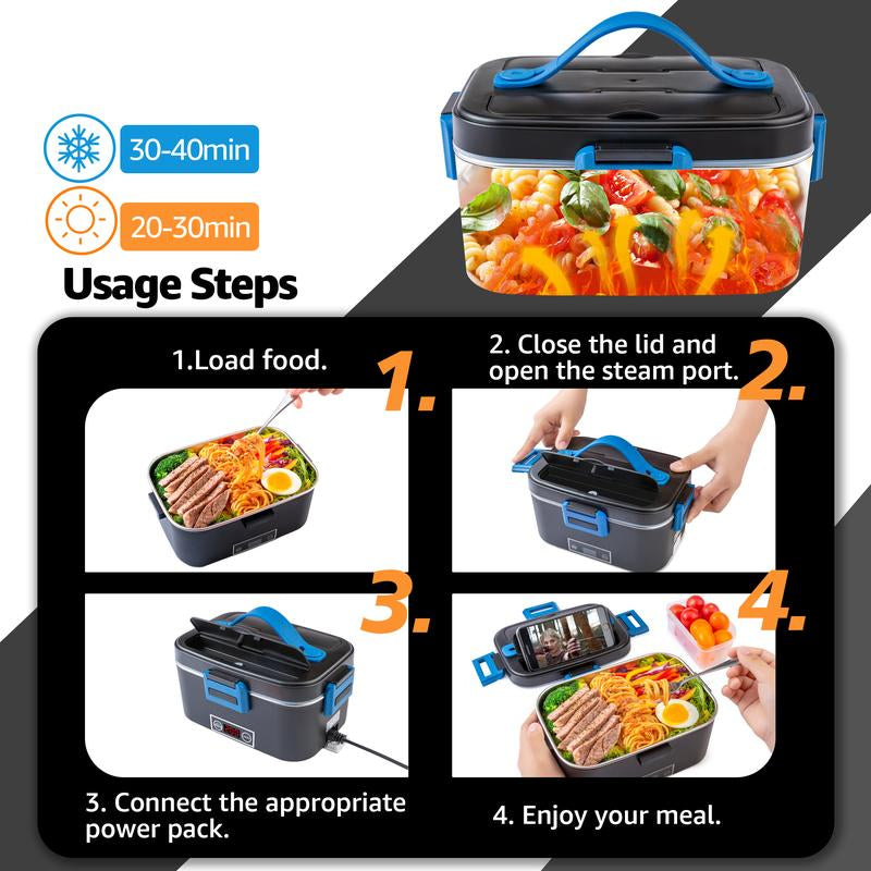 Electric Lunch Box Portable Food Warmer for Adults, 80W Food Warmer Lunch Box 1.5&1.8L Stainless Steel Containers & Bags 12V/24V/110V Stainless Steel Containers, Forks, Spoons & Bags for Car/Truck/Work/Outdoor Use