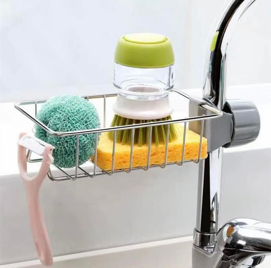 Upgraded Double-Sided Kitchen Sink Storage Rack, Sponge Rack above Faucet, Stainless Steel Heavy Duty Thick Hanging Faucet Drain Rack for Scrubber, Soap, Bathroom, Removable, No Suction Cup or Magnet