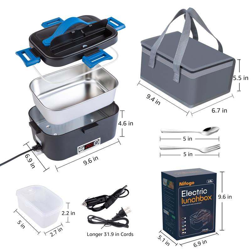 Electric Lunch Box Portable Food Warmer for Adults, 80W Food Warmer Lunch Box 1.5&1.8L Stainless Steel Containers & Bags 12V/24V/110V Stainless Steel Containers, Forks, Spoons & Bags for Car/Truck/Work/Outdoor Use