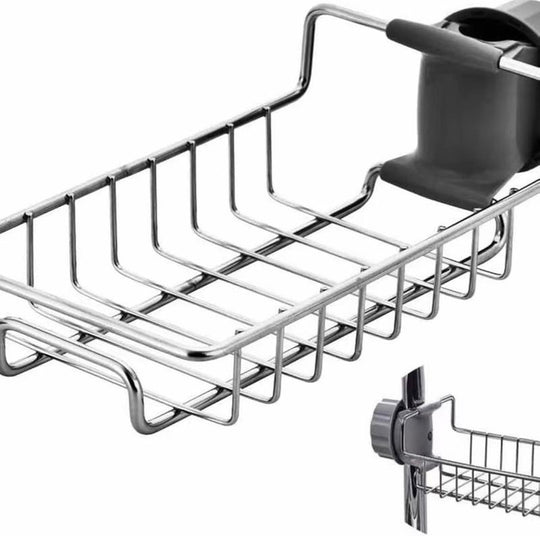 Upgraded Double-Sided Kitchen Sink Storage Rack, Sponge Rack above Faucet, Stainless Steel Heavy Duty Thick Hanging Faucet Drain Rack for Scrubber, Soap, Bathroom, Removable, No Suction Cup or Magnet