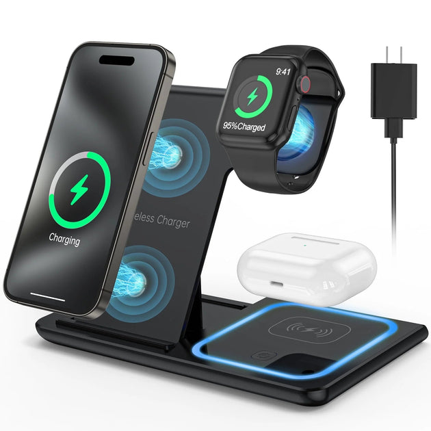 Wireless Charger, 18W Fast Iphone Charging Station for Iphone 15/14/13/12 /11/Pro Max/Plus /XR,3 in 1 Wireless Charging Stand for Iwatch Series SE 9/8/7/6/5/4/3, Airpods Pro/3/2 (With QC3.0 Adapter)