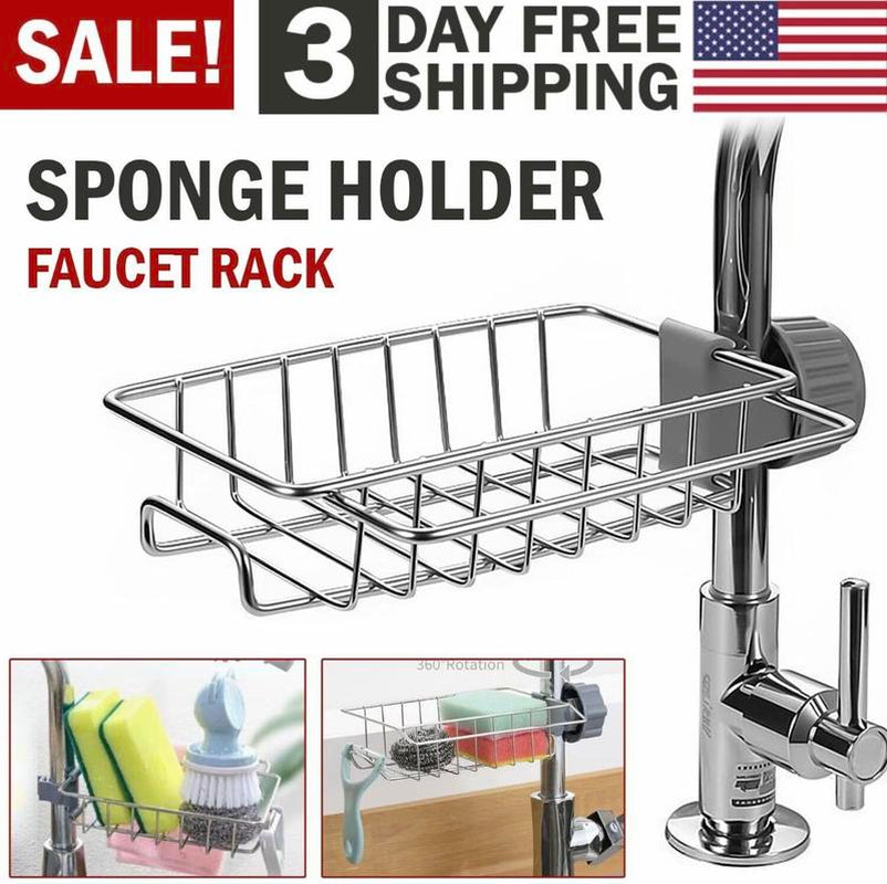 Upgraded Double-Sided Kitchen Sink Storage Rack, Sponge Rack above Faucet, Stainless Steel Heavy Duty Thick Hanging Faucet Drain Rack for Scrubber, Soap, Bathroom, Removable, No Suction Cup or Magnet