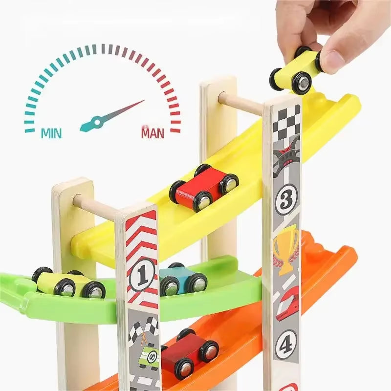 4/7 Track Wooden Ramp Racing Toddler Toy Car Set Montessori Educational Toy Game Mini Inertia Slide Roller Coaster Racing