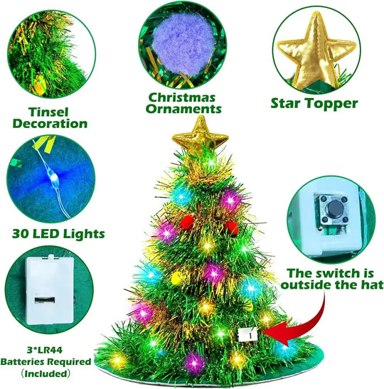 Hats Tree Santa Hat with Tinsel LED Colorful Lights Star New Year Costume for Adults Kids Christmas Decoration