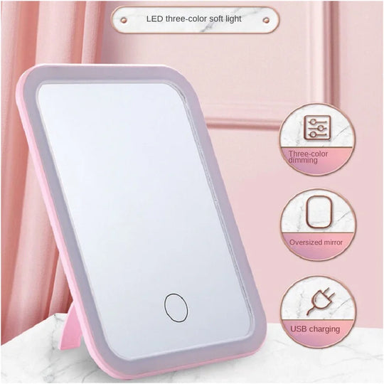 LED Touch Screen Makeup Mirror Folding Mirror Lighted Makeup Mirror 3 Colors Light Modes USB Rechargeable Cosmetic Mirror Tools