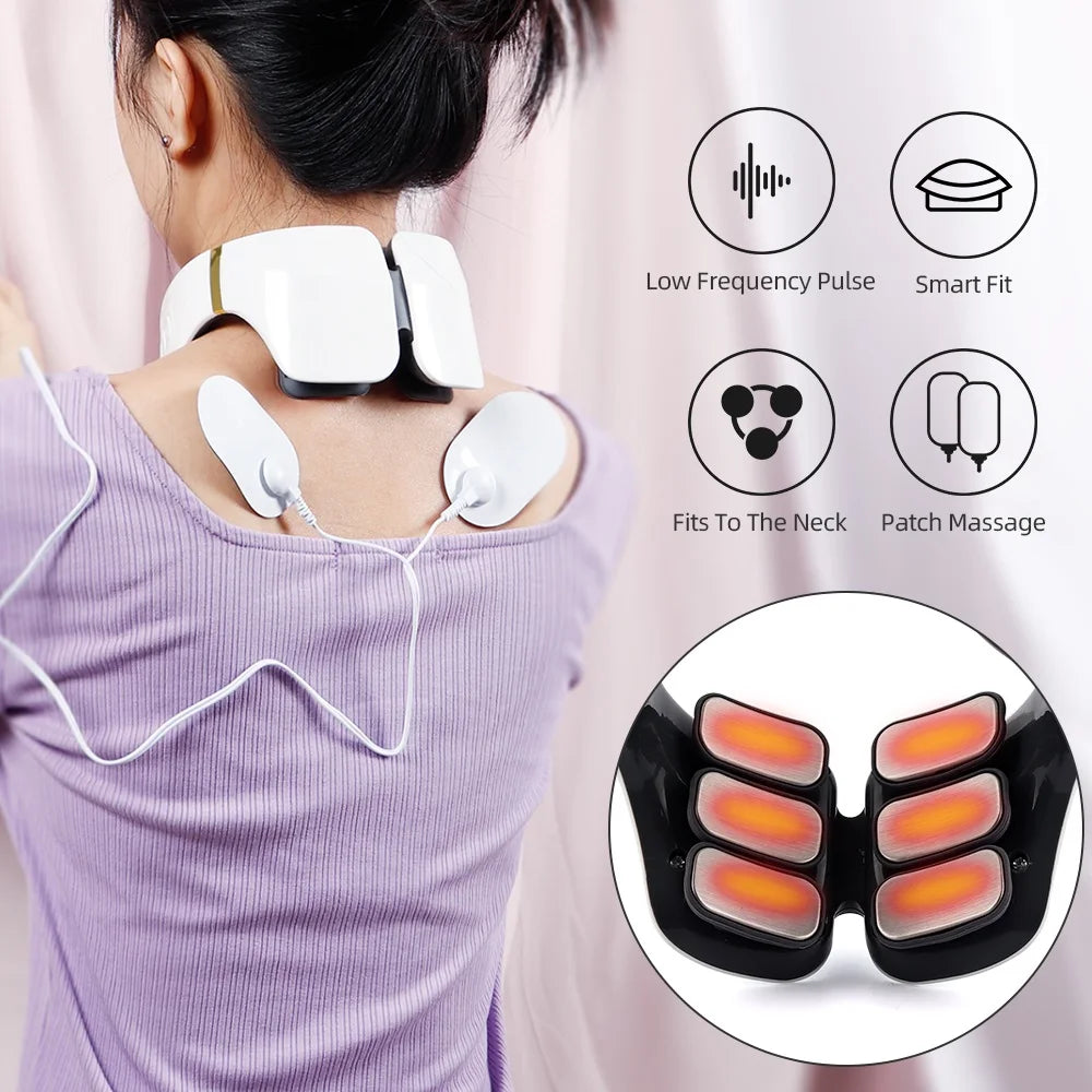 6-Zone Neck Massager Neck Relaxation 15 Levels Strength Kneading Vertebra Muscle Hammer TENS Electric Pulse Heating Therapy