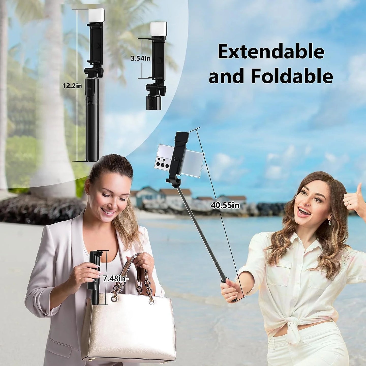 Selfie Stick, 40 in Retractable  with Remote, 2 Level Fill Light, Selfie Stick for Iphone Android, Black