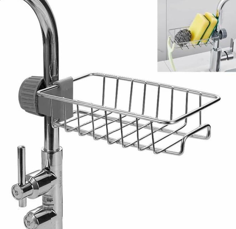 Upgraded Double-Sided Kitchen Sink Storage Rack, Sponge Rack above Faucet, Stainless Steel Heavy Duty Thick Hanging Faucet Drain Rack for Scrubber, Soap, Bathroom, Removable, No Suction Cup or Magnet