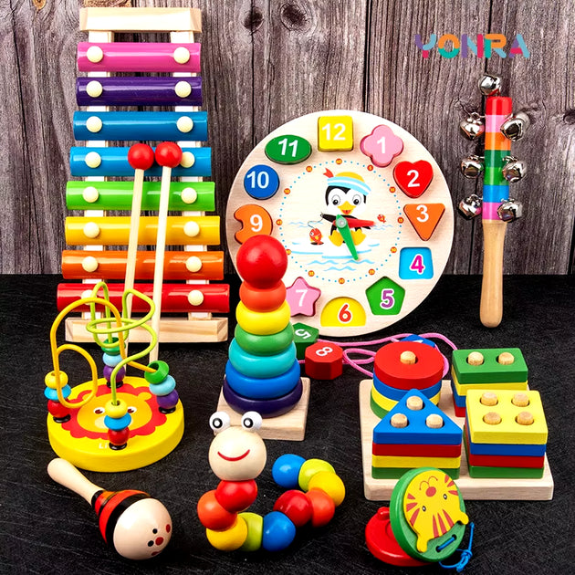 9 in 1 Wooden Montessori Toys Rattle Bell Drum Column Set Musical Instruments Sensory Early Baby Toy Toddler Education