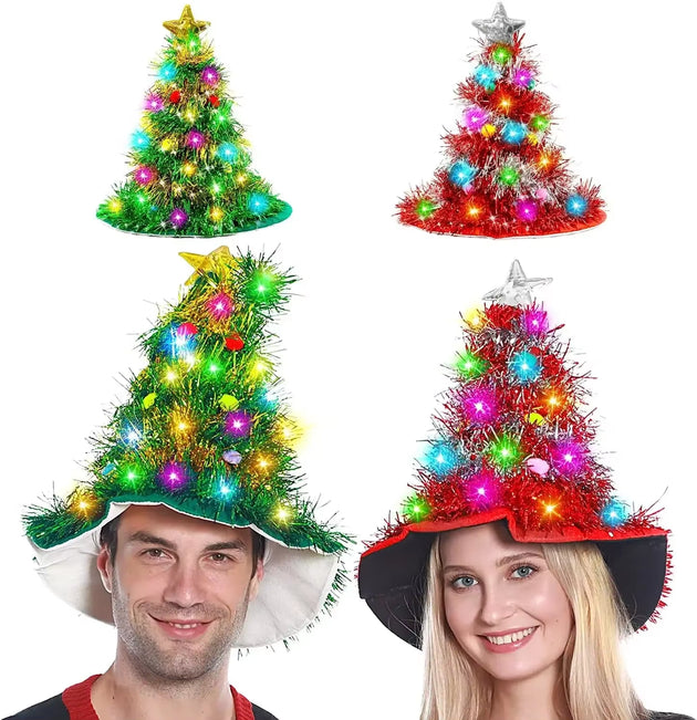 Hats Tree Santa Hat with Tinsel LED Colorful Lights Star New Year Costume for Adults Kids Christmas Decoration