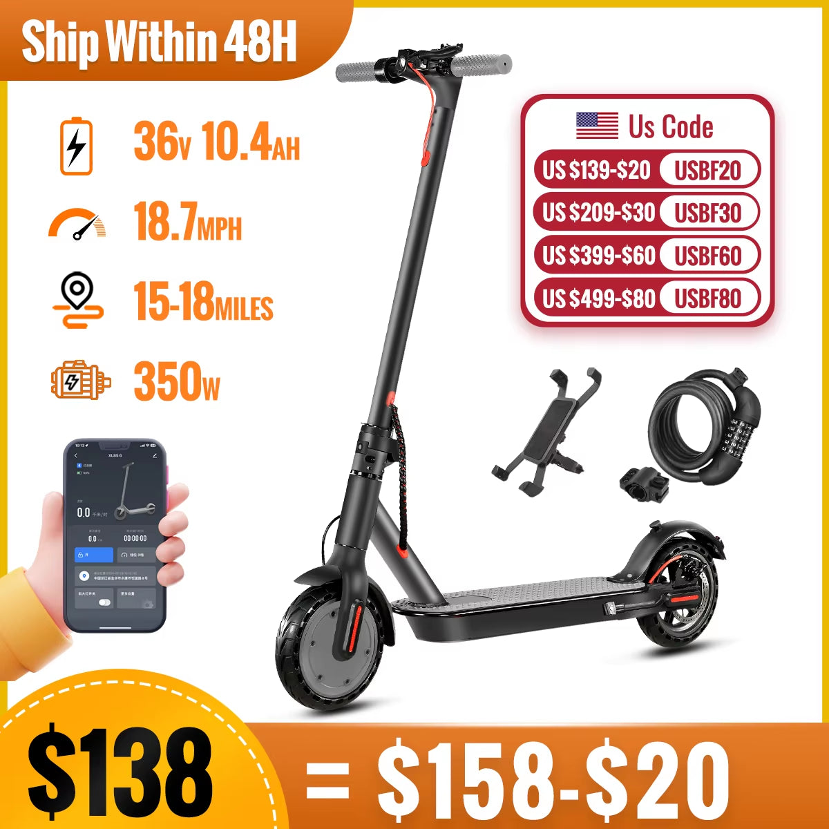 N7PRO Electric Scooter Adults 36V 10.4Ah Escooter Long Range 19 Miles Lightweight Kick Scooter US Stock Black with Gift